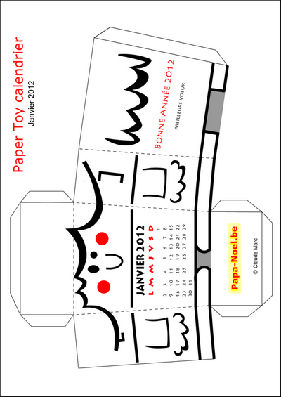 Calendrier paper toy janvier 2012 Noël 2011 gratuit Bricolage voeux de nouvel an 2012 janvier 2012 nouvelle ANNEE pour enfant bricolages NOEL enfants fabrication paper toy