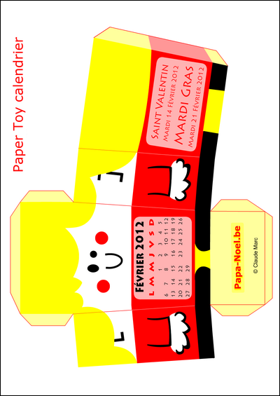 Calendrier paper toy février 2012 gratuit Bricolage FEVRIER 2012 bricolages enfants fabrication paper toy saint valentin 2012 Mardi Gras 2012