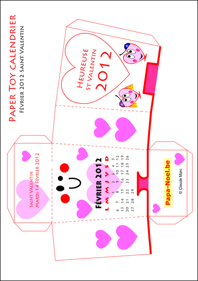 Calendrier paper toy Saint Valentin 2012 mois de février 2012 st valentin gratuit Bricolage pour enfant bricolages enfants fabrication paper toy fête des amoureux