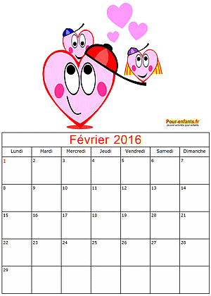 Calendrier Fvrier 2016  imprimer gratuit