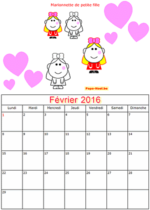 Calendrier fevrier 2016  imprimer gratuitement