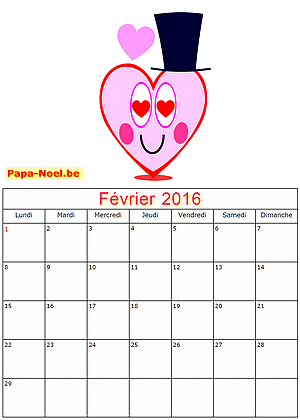 Calendrier fevrier 2016  imprimer gratuitement