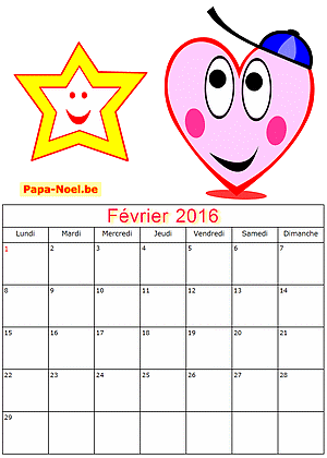 Calendrier fevrier 2016 à imprimer gratuitement pour enfants