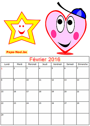 Calendrier fevrier 2016  imprimer gratuitement pour enfants