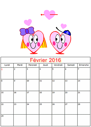 Calendrier fevrier 2016  imprimer gratuitement