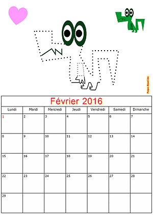 Calendrier fevrier 2016  imprimer gratuitement