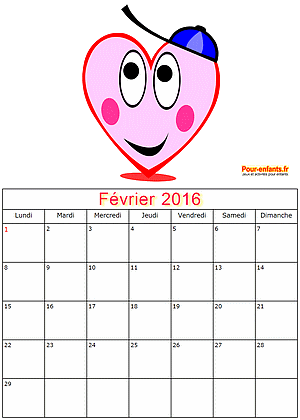 Calendrier fevrier 2016  imprimer gratuitement