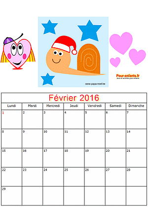 Calendrier fevrier 2016  imprimer gratuitement