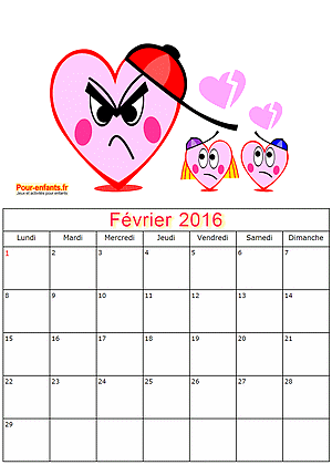 Calendrier fevrier 2016  imprimer gratuitement