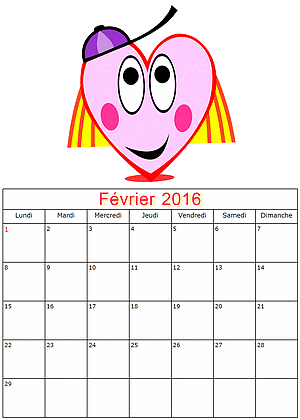 Calendrier fevrier 2016  imprimer gratuitement