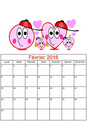 Calendrier fevrier 2016  imprimer gratuitement