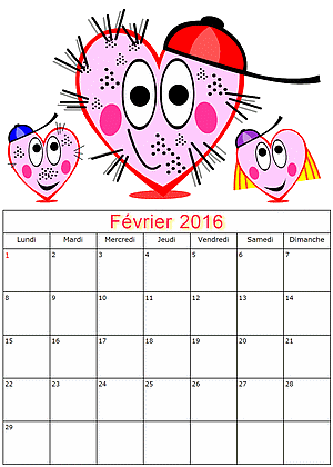 Calendrier fevrier 2016  imprimer gratuitement