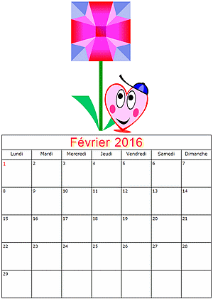 Calendrier fevrier 2016  imprimer gratuitement