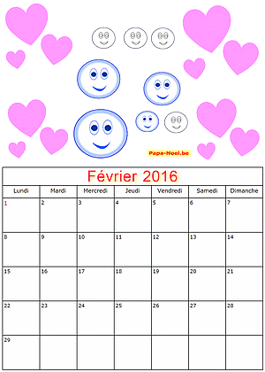 Calendrier fevrier 2016  imprimer gratuitement